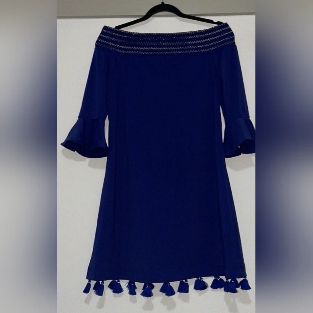 NWOT Cabana Life Navy Terry Off the Shoulder Dress Mini Tassel ,Small - Picture 4 of 6